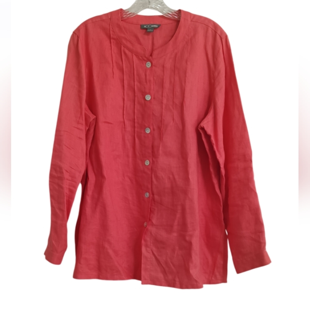 Go silk linen women's long sleeve button up top size Large regular